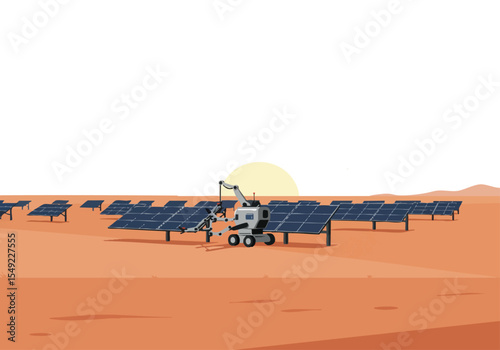 A robotic solar panel cleaner diligently maintains a vast solar farm under a desert sunset. Clean, modern design, ideal for sustainability and energy themes.