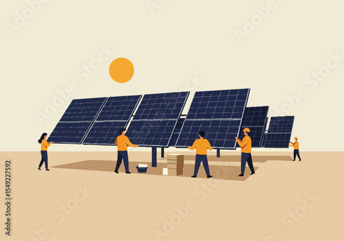 Solar panel installation team celebrates a successful project completion. Bright sunlight and a modern setting showcase teamwork and sustainable energy. Team Finish!