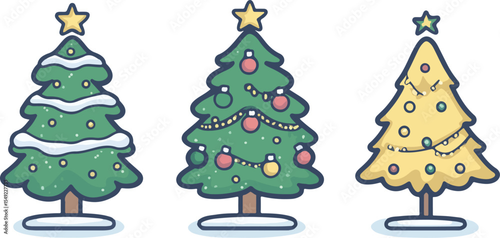 Fototapeta premium Three Stylized Christmas Trees with Decorations on a White Background