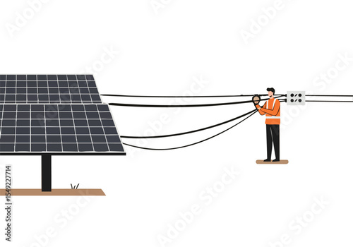 A technician performs a cable check on a solar panel array. Clear, professional illustration showcasing renewable energy infrastructure. Modern, clean design.