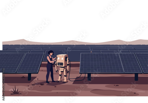 A technician troubleshoots a robot amidst a vast solar panel array in a desert landscape. A modern, stylized illustration evokes sustainability and technological maintenance.