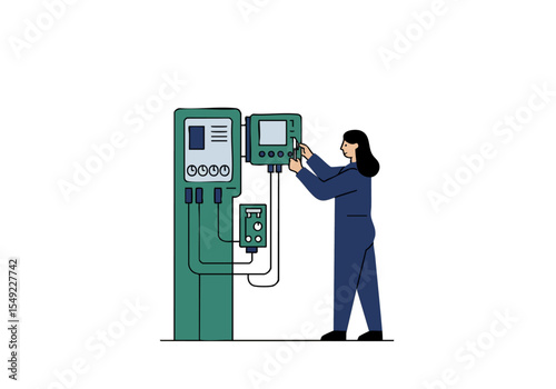 A female technician works on a control panel, maintaining grid infrastructure. Clean lines and a modern aesthetic create a professional visual.