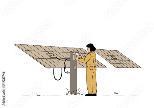 A technician troubleshoots a solar panel array outdoors. Clear composition, modern setting, and professional focus. Ideal for renewable energy and technology visuals.