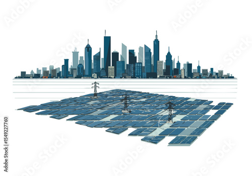 vibrant illustration showcases a solar farm powering a modern cityscape Clean lines and a bright color palette highlight sustainable energy and urban development 