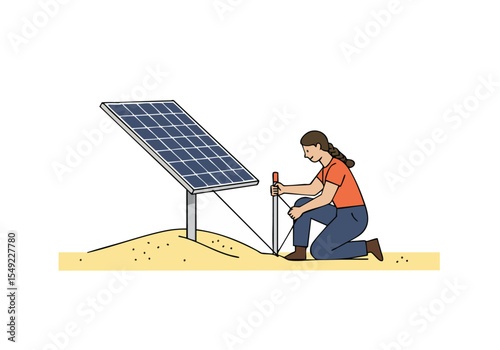 A woman installs an anchor for a solar panel, securing it to the ground.  Clear, focused image showcasing a practical outdoor installation. Bright, sunny setting.