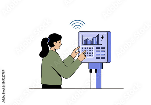 A woman monitors a power check display, analyzing data with a focused expression. Modern, digital interface with a clean design. Suitable for business and technology themes.
