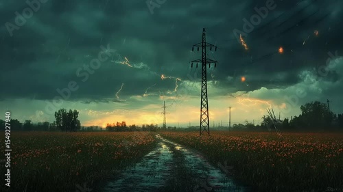 Stormy landscape with power lines, a muddy path through a flower field at sunset
