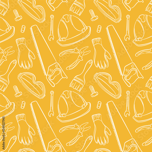 Seamless pattern with construction tools and safety equipment in line art style on yellow background.