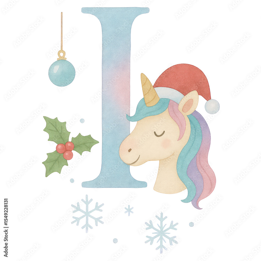Naklejka premium A whimsical watercolor Christmas alphabet set from A to Q, each letter uniquely painted in soft pastel gradients of blue, pink, and lavender. Every capital letter features a cute unicorn.