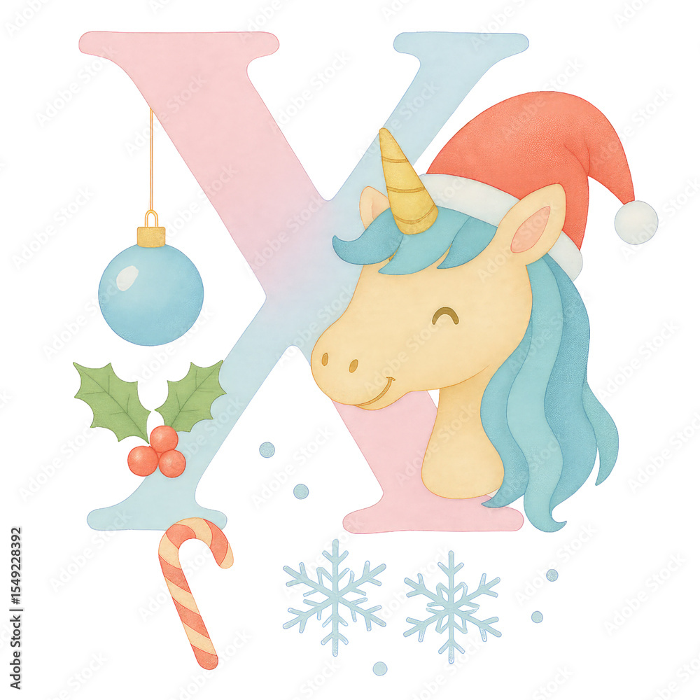 Naklejka premium A whimsical watercolor Christmas alphabet set from A to Q, each letter uniquely painted in soft pastel gradients of blue, pink, and lavender. Every capital letter features a cute unicorn.