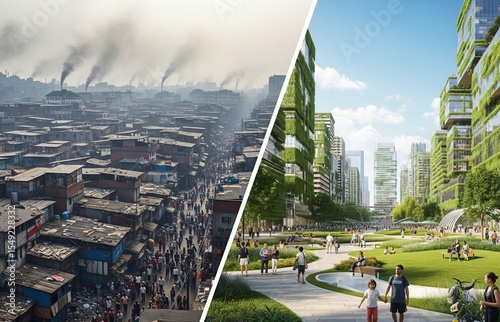 Split-screen image showing one side of the city overcrowded and chaotic, the other side clean and peaceful, symbolizing population imbalance on World Population Day