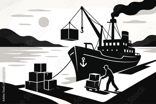 Vintage Cargo Ship Illustration Maritime Cargo Handling and Transportation