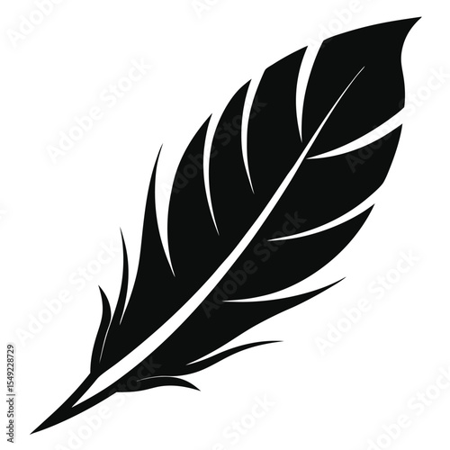 Elegant feather pen silhouette icon in black, ideal for writing, creativity, poetry, literature, or antique-themed vector illustrations