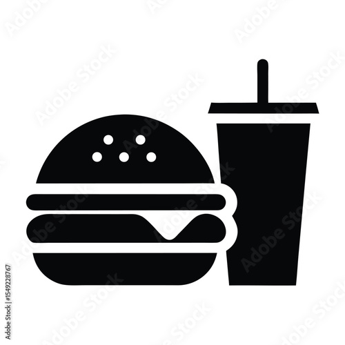 Vector silhouette of a fast food burger with soft drink cup and straw, great for food, restaurant, meal, or takeaway concept