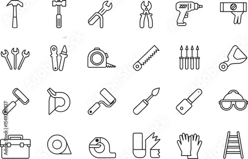 A hand-drawn vector illustration collection of wooden work tools and equipment icons
