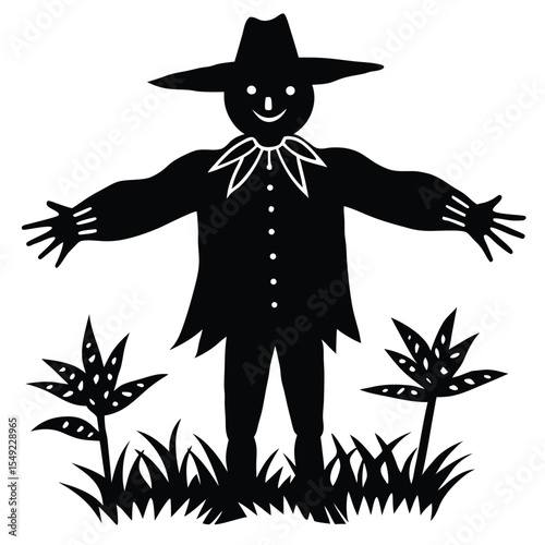 Silhouette Scarecrow Amidst the Field A Whimsical Image of Autumnal Charm and Rural Symbolism in Agricultural Landscapes, Evoking Themes of Protection and Harvest