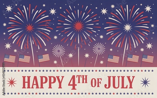 Happy 4th of July Typography Fireworks with stars border & Flag Banner