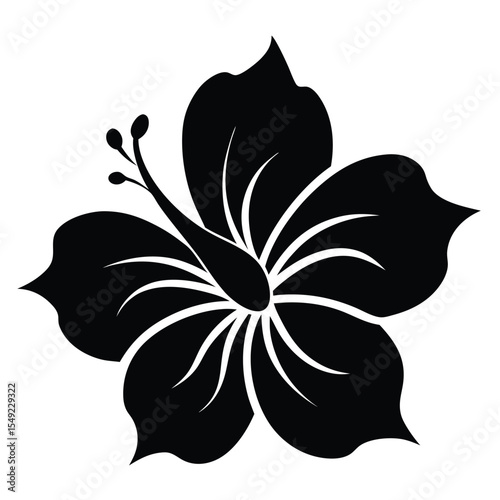 Elegant black silhouette of blooming hibiscus flower with leaves isolated on white background, ideal for tropical, botanical, or floral vector illustrations