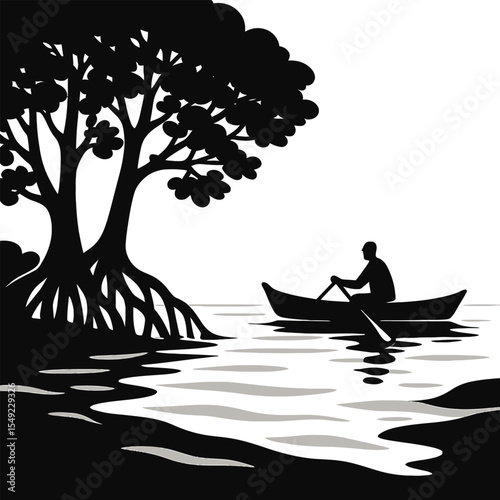 Serene Silhouette Man Rowing Boat by Mangrove Tree
