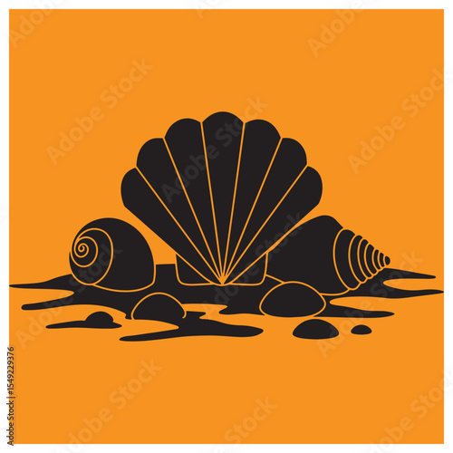 Black seashell illustrations resting on a sandy beach with stones and a bright orange background