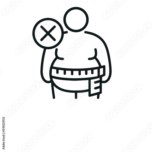 Line Icon Representing Overweight Person with Tape Measure and Cross Mark for Weight Loss Concept
