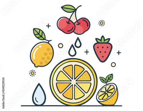 Vibrant Summer Fruits Lemons, Strawberries, Cherries, and Oranges – A Delightful Illustration
