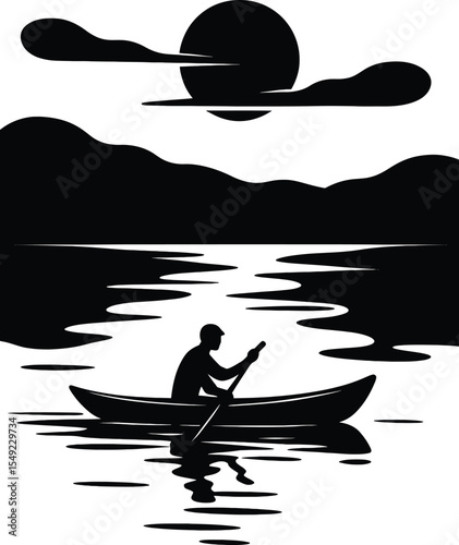 Serene Sunset Kayaking Silhouette Illustration of a Person Paddling on Calm Water