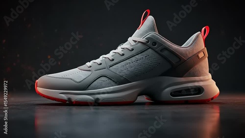 Stylish athletic shoe displayed on a reflective surface with a dark, blurred background