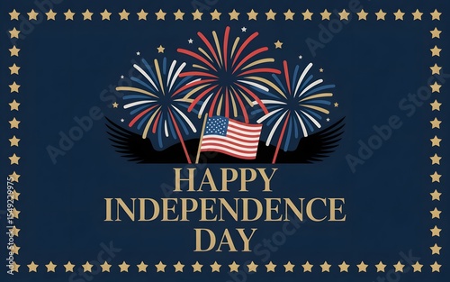 Happy 4th of July Typography Fireworks with stars border & Flag Banner