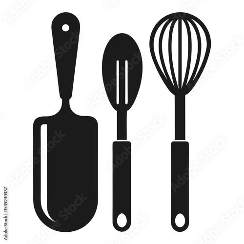 Kitchen utensils vector set including spatula, whisk and turner in black silhouette for cooking tool branding, chef icon and food preparation visuals