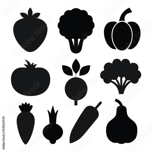 Mixed vegetables black vector illustration set including carrot, beet, broccoli, tomato, radish, pepper and onion for healthy food, nutrition, organic farm design