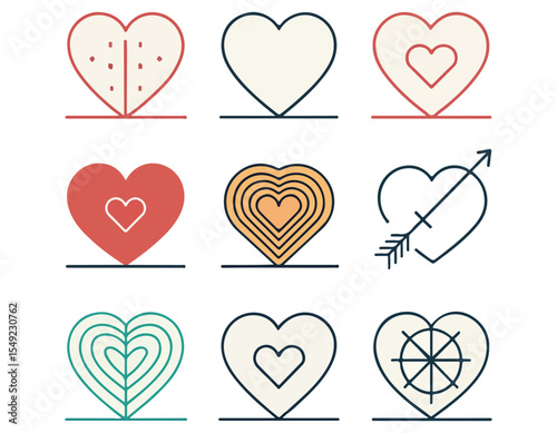 Collection of Nine Unique Heart Icons Perfect for Valentine's Day, Love, Romance Designs