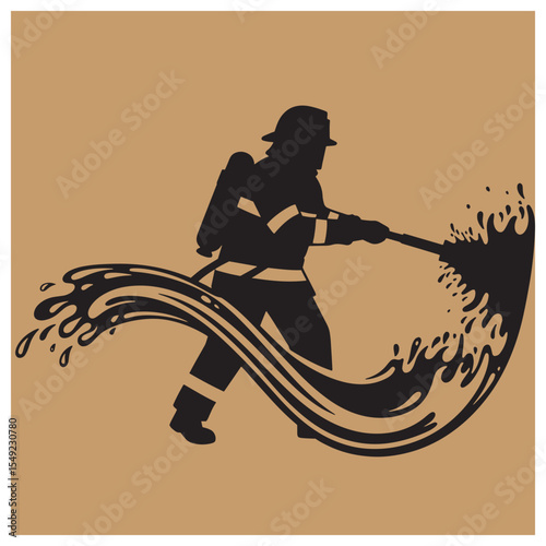 Courageous firefighter silhouetted spraying water vector illustrating bravery and emergency response