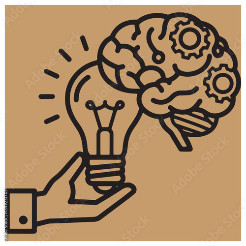 Creative idea conceptualization depicting brain function and lightbulb illustration hand holding