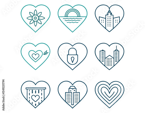Heart Icon Set Love, Nature, City, and More Line Art Graphics