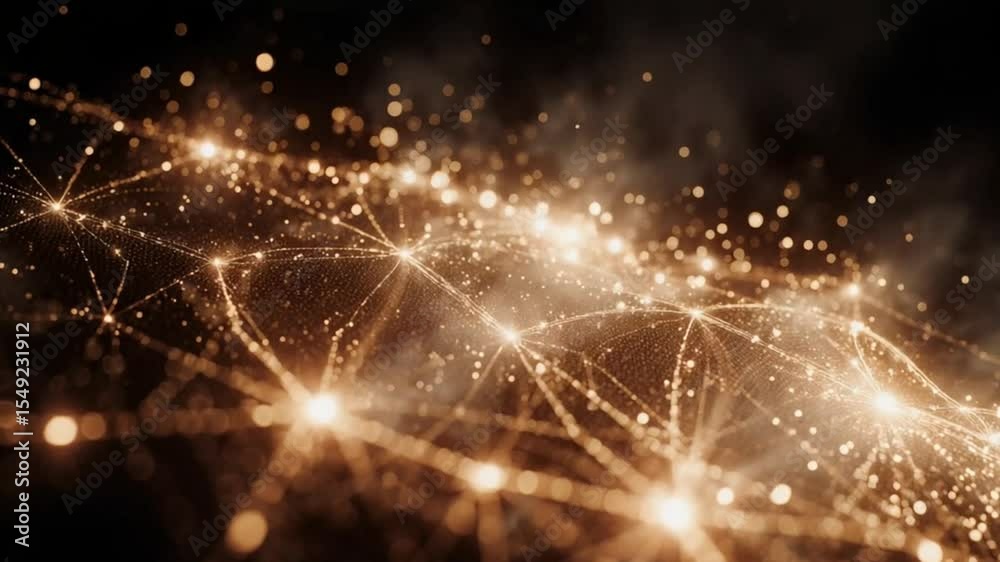 Abstract glowing network with orange lines and particles on a dark smoky background design