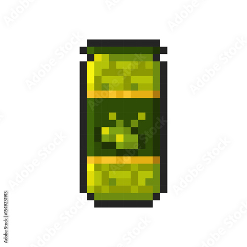 Glass jar with green olives isolated on transparent background. Pixelated badge, game asset or computer arcade item. Olives in brine icon. Vector pixel art illustration in 16 bit old style.