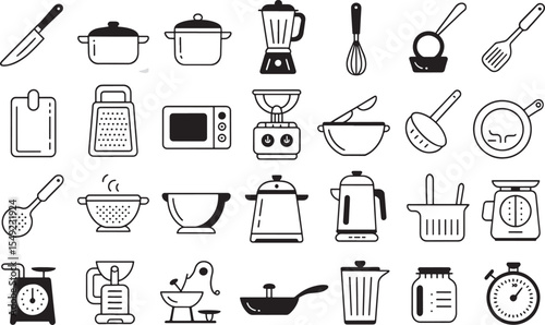 Vector set of kitchen and cooking icons: pots, pans, utensils, and chef tools for food and drink preparation