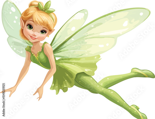 Cartoon Green Fairy Flying Isolated on White Background Illustration