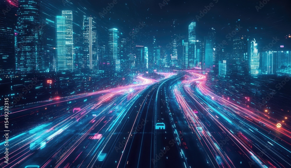 Futuristic cityscape highway at night with digital trails Futuristic cityscape highway at night with digital trails