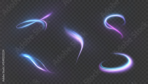 Bright light swirl with blue-pink glow in the form of dynamic bends. Light effect on transparent background PNG for design and illustrations. Vector