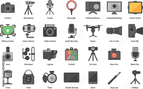 A versatile set of vector icons for web design, featuring symbols like computers, cameras, and phones, perfect for business and internet illustrations