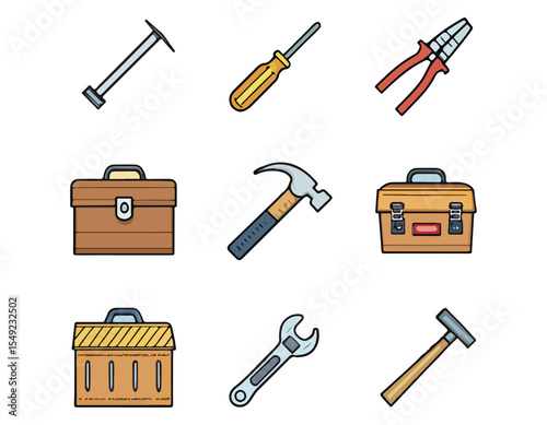 Collection of Hand Tools Icons Screwdriver, Hammer, Pliers, Wrench, Toolboxes, and More