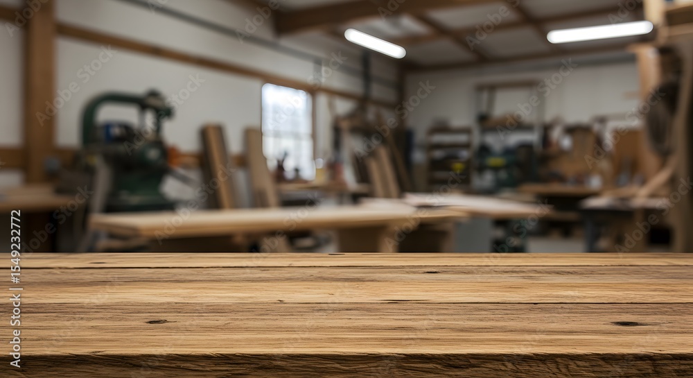 Rustic Wooden Tabletop in a Blurred Woodworking Workshop Background Rustic Wooden Tabletop in a Blurred Woodworking Workshop Background