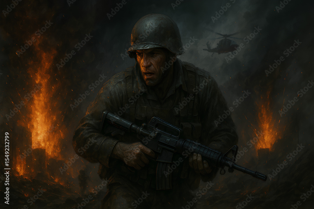 Fototapeta premium An armed soldier is depicted in an intense and dramatic battlefield atmosphere. Surrounded by fire, smoke, and destruction, he shows an expression full of tension and courage. 