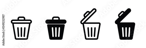 Set of Modern Trash Bin Icons - Black and White Design with Open and Closed Lid Variations