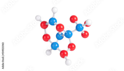 A colorful 3D molecular model featuring interconnected red, blue, and white spheres representing atoms in a complex chemical structure.