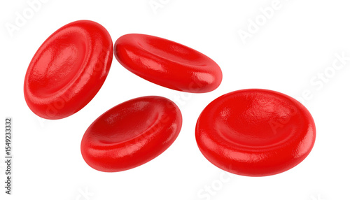Four detailed, red blood cells with a concave disc shape, showing texture and depth in a realistic 3D style.