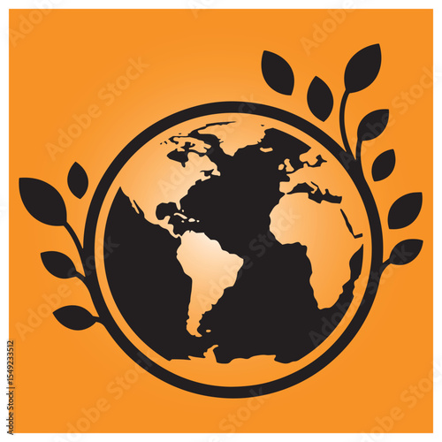 Earth surrounded by leaves illustrating environmental protection and sustainability on orange background