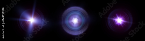 Purple flashes of light with concentric halos and highlights. Three flashes of light with purple glow and halos on a black background.